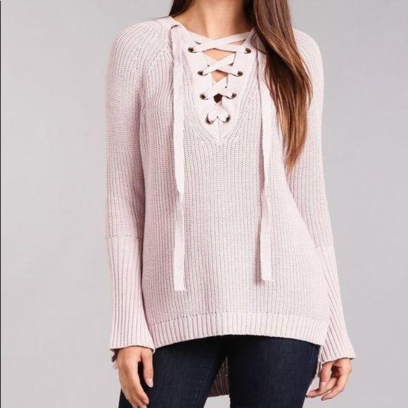 BLVD LaceUp V Neck Chunky Knit Relaxed Sweater NWT - Picture 6 of 15